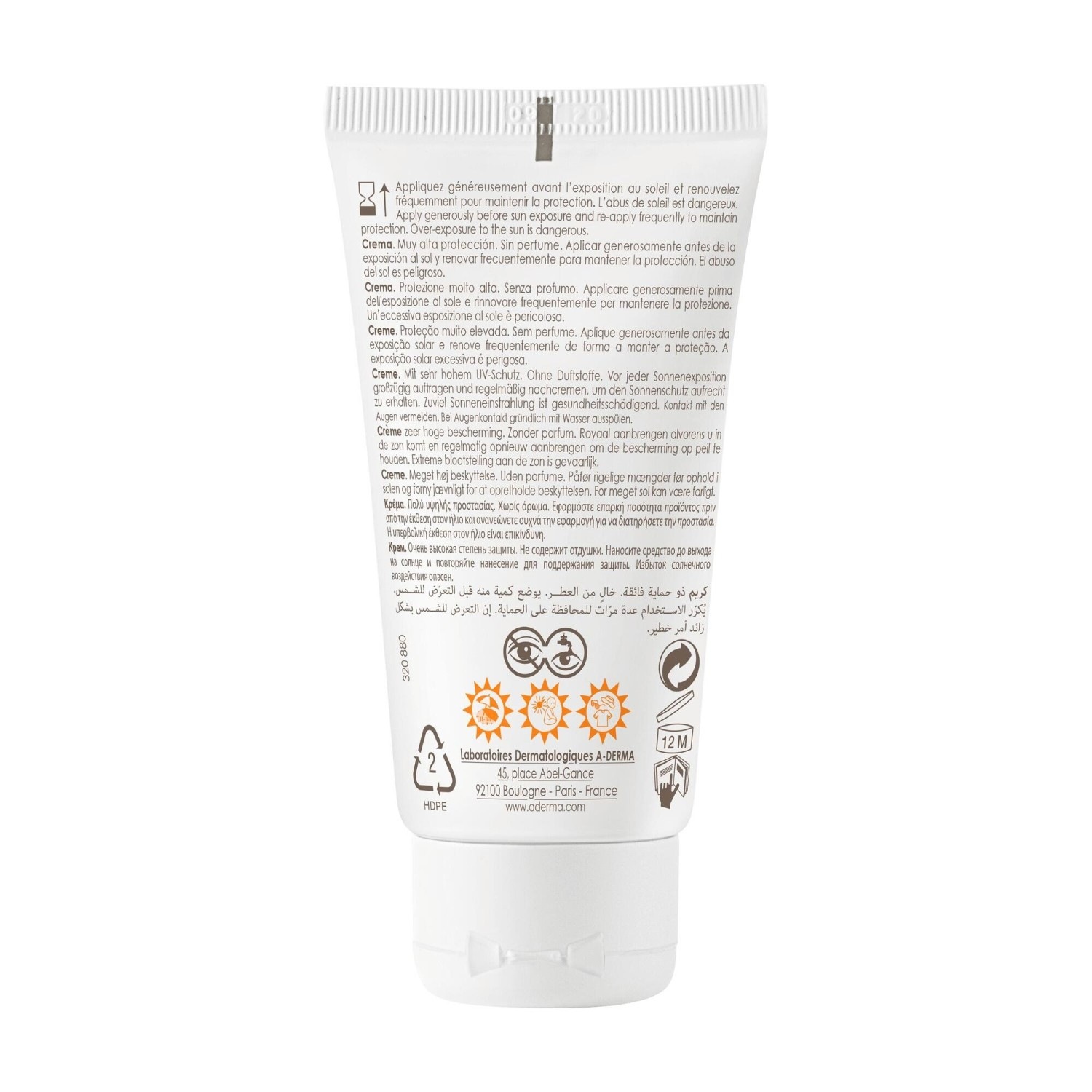 A-DERMA Cremă de protecție solară pentru față SPF50+ fără parfum