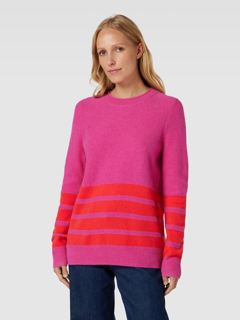 Strickpullover aus Lanawolle mit Kontraststreifen in fuchsia