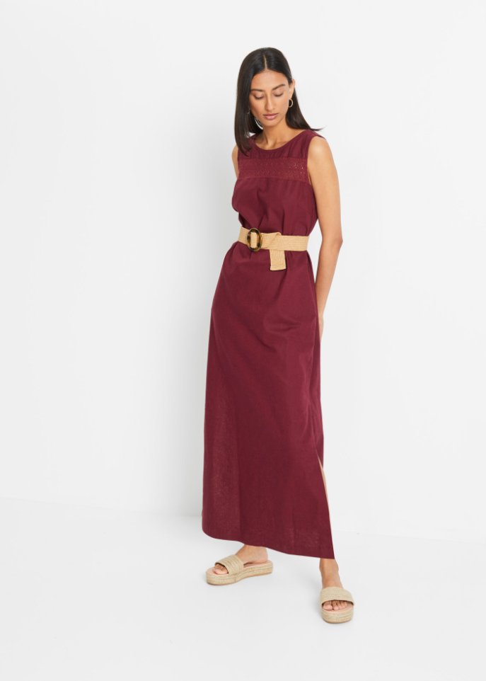 Maxi-Kleid mit Leinen, Lochmuster am Ausschnitt und Seitenschlitz