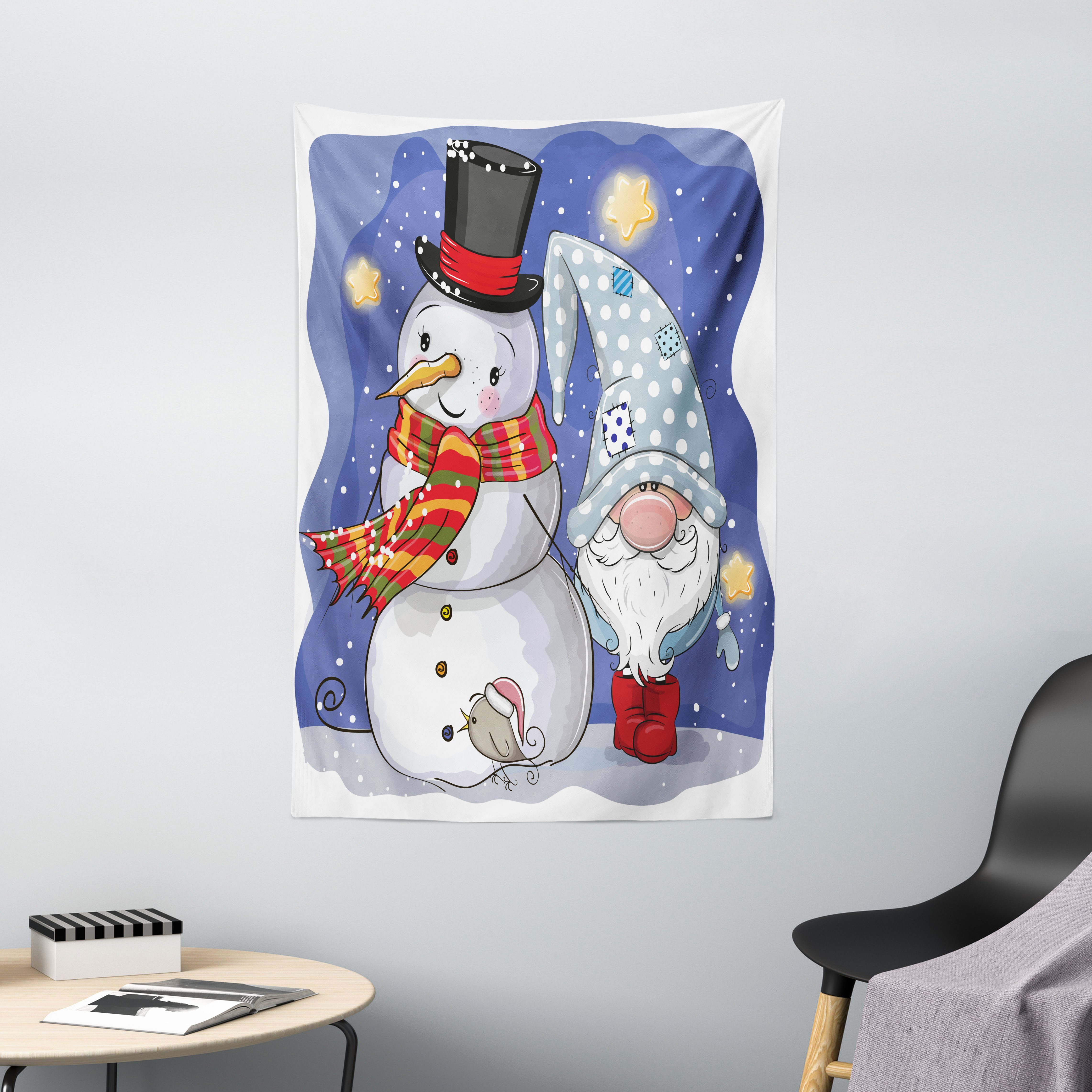 Wandteppich Wohnzimmer Schlafzimmer Wandtuch Seidiges Satin Wandteppich, Abakuhaus, rechteckig, Weihnachten Schneemann und lustige Gnome