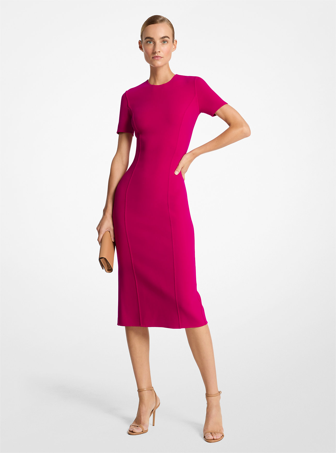 Double Faced Stretch Wool Sheath Dress - RASPBERRY