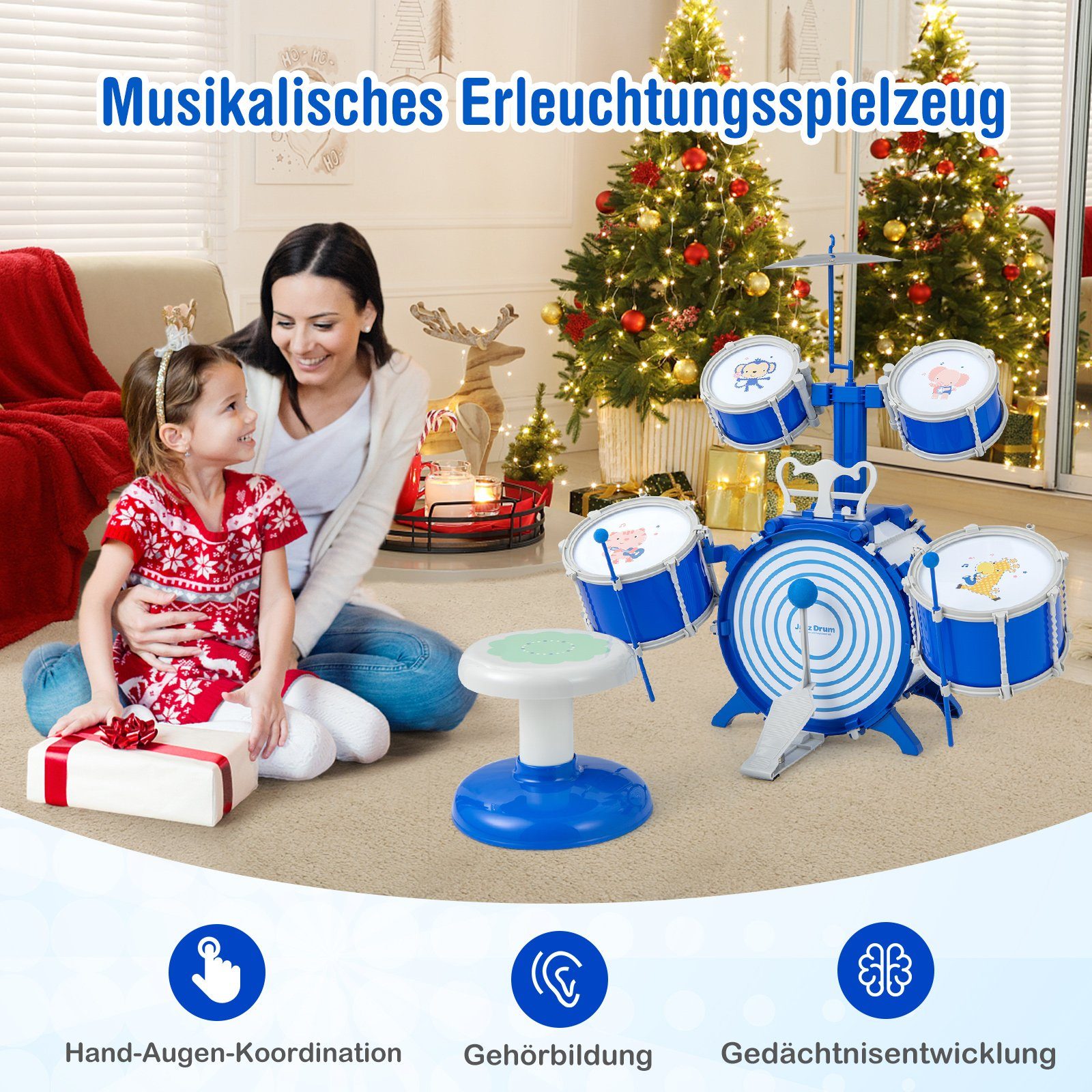 COSTWAY Kinderschlagzeug Drumset, mit Hocker, für Anfänger