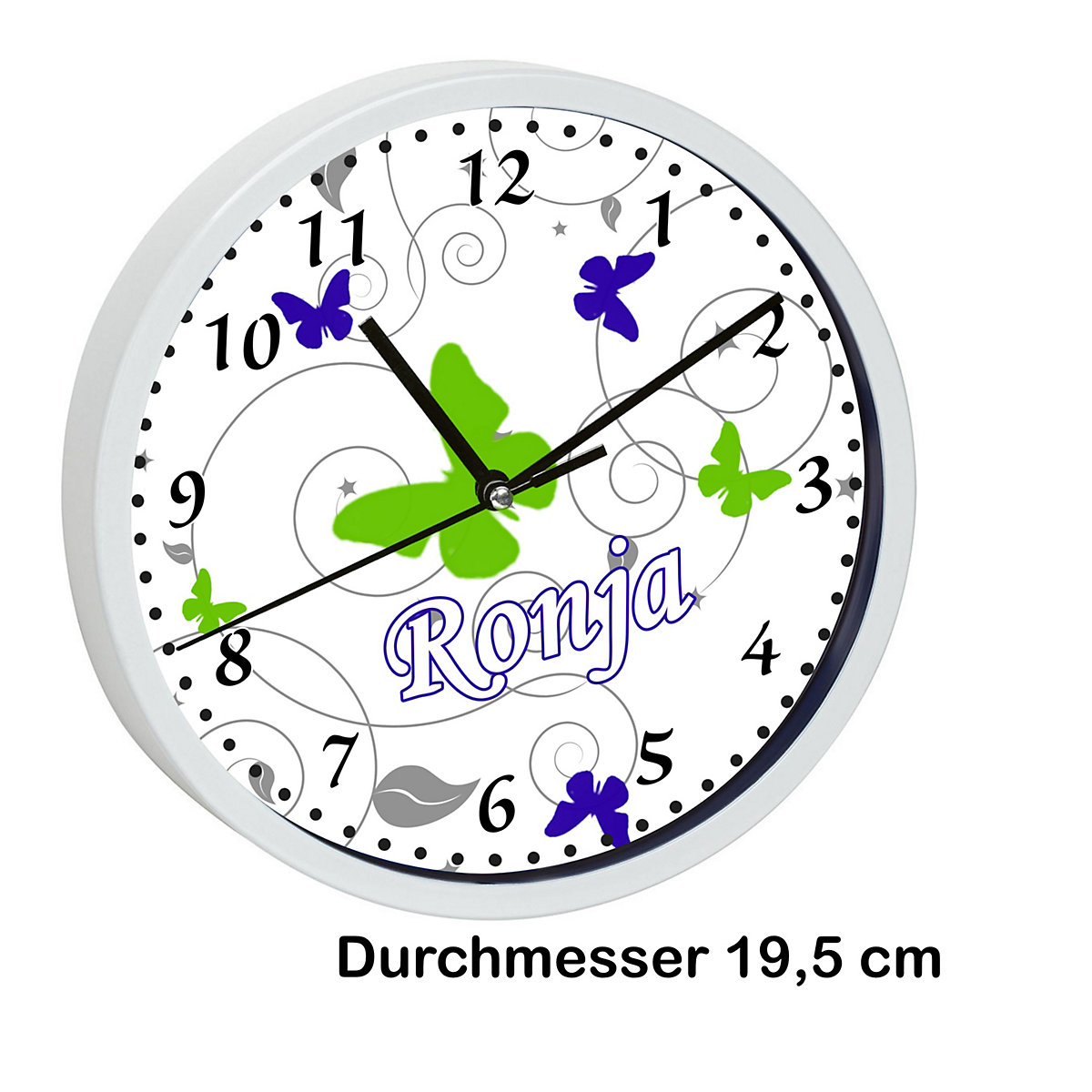 Kinder Wanduhr personalisiert mit Name Schmetterling Blau Grün