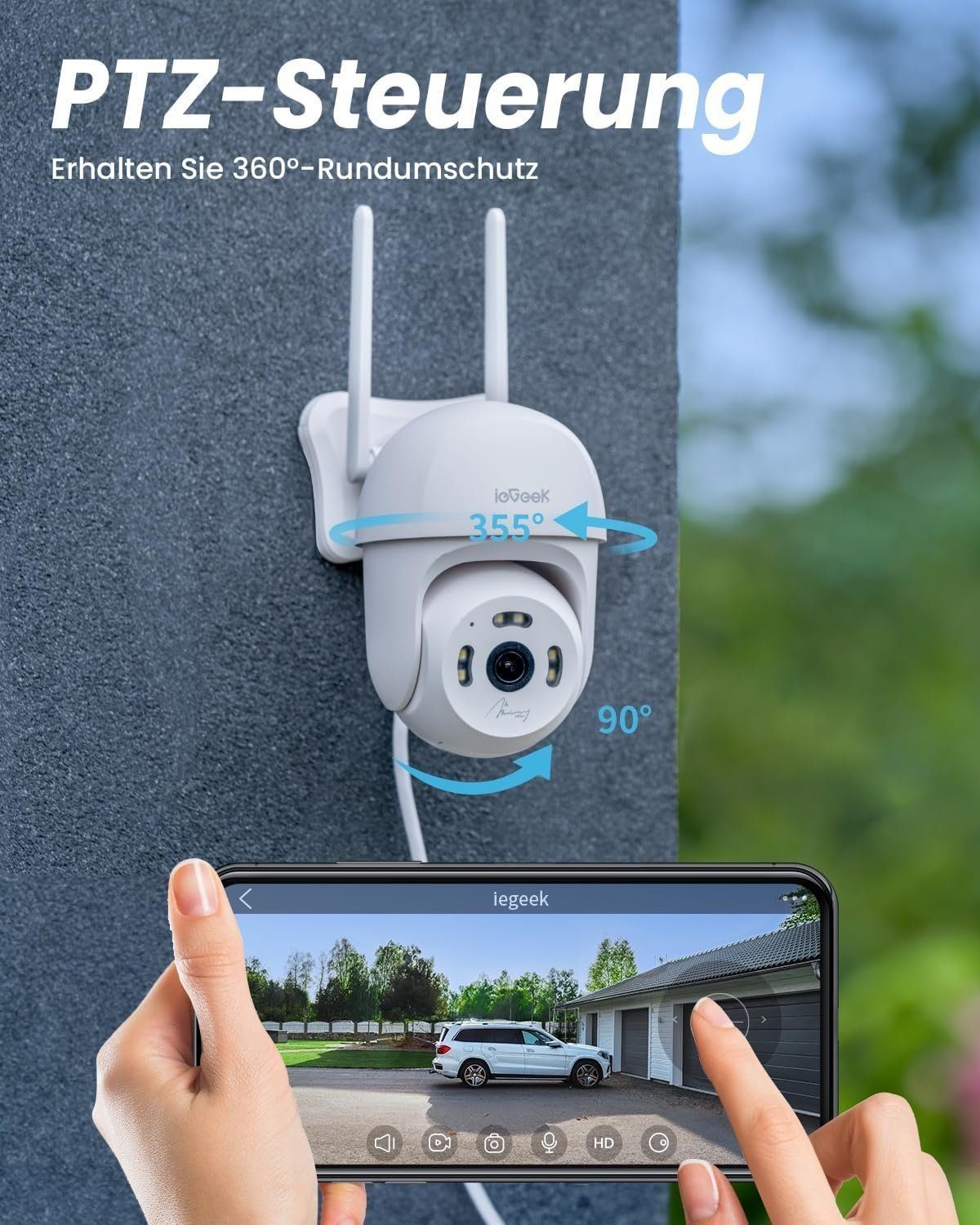 ieGeek 2,5K 6MP Überwachungskamera Aussen WLAN mit Klares Zwei-Wege-Gespräch Überwachungskamera (Aussen, AuBen, AuBenbereic, Auße, mit Automatische Verfolgt, 24/7 Aufnahme, Nachtsicht in Farbe, PTZ 355°/90°Schwenkbar, 8-Facher Digitalzoom und Intelli
