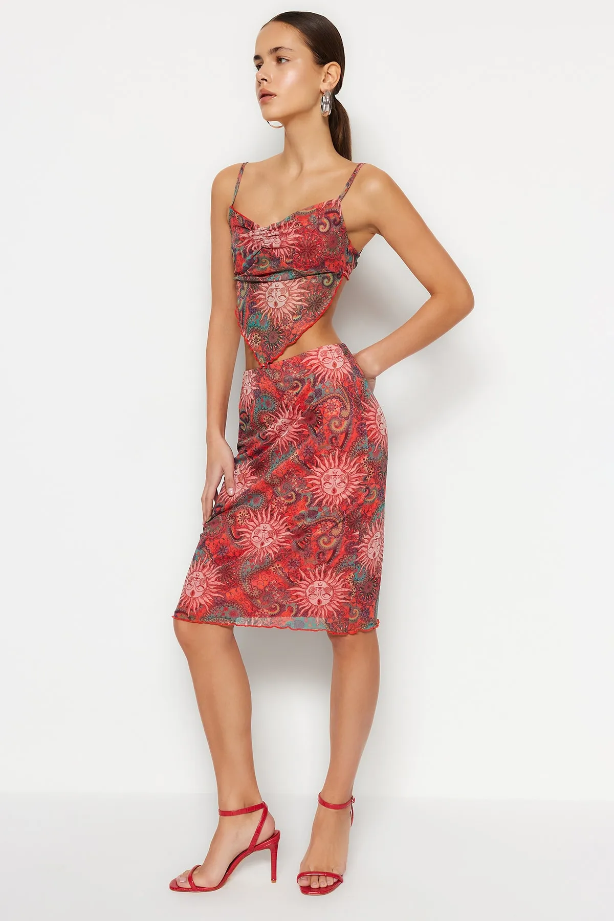 Trendyol Collection  Premium Orange bedruckter Midi-Strickrock aus Tüll mit hohem Bund und Futter TWOSS23ET00206