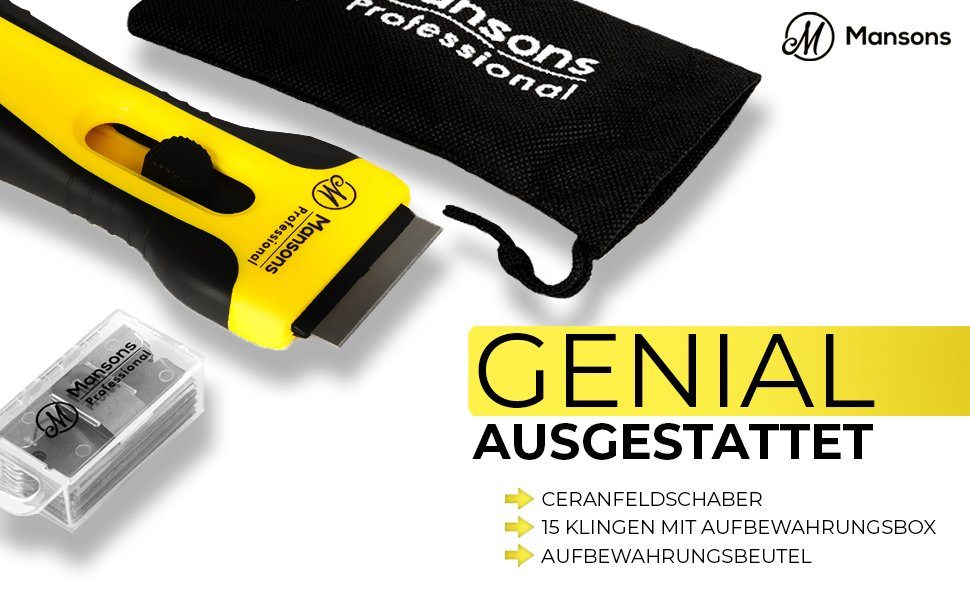 Mansons Glasschaber Ceranfeldschaber mit 15 Klingen Ceran® Schaber für Kochfeld und Backofen, Set mit Aufbewahrungsbeutel