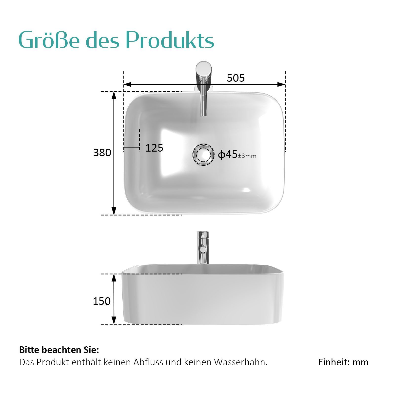 EMKE Aufsatzwaschbecken Eckiger Waschbecken Keramik Waschbecken Waschtisch Weiß Glänzend