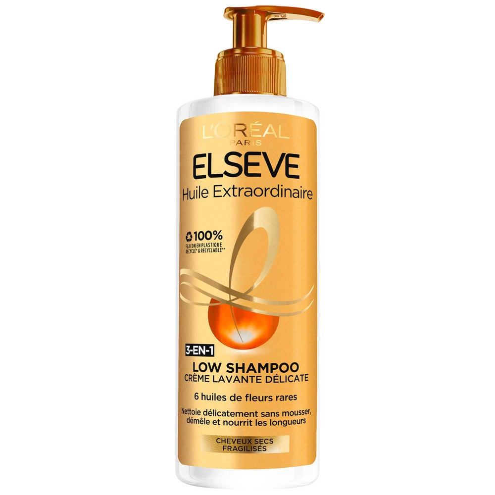 L'Oréal Paris Elseve Huile Extraordinaire Low shampoo 3-en-1 enrichi en 6 huiles de fleurs rares cheveux secs fragilisés.