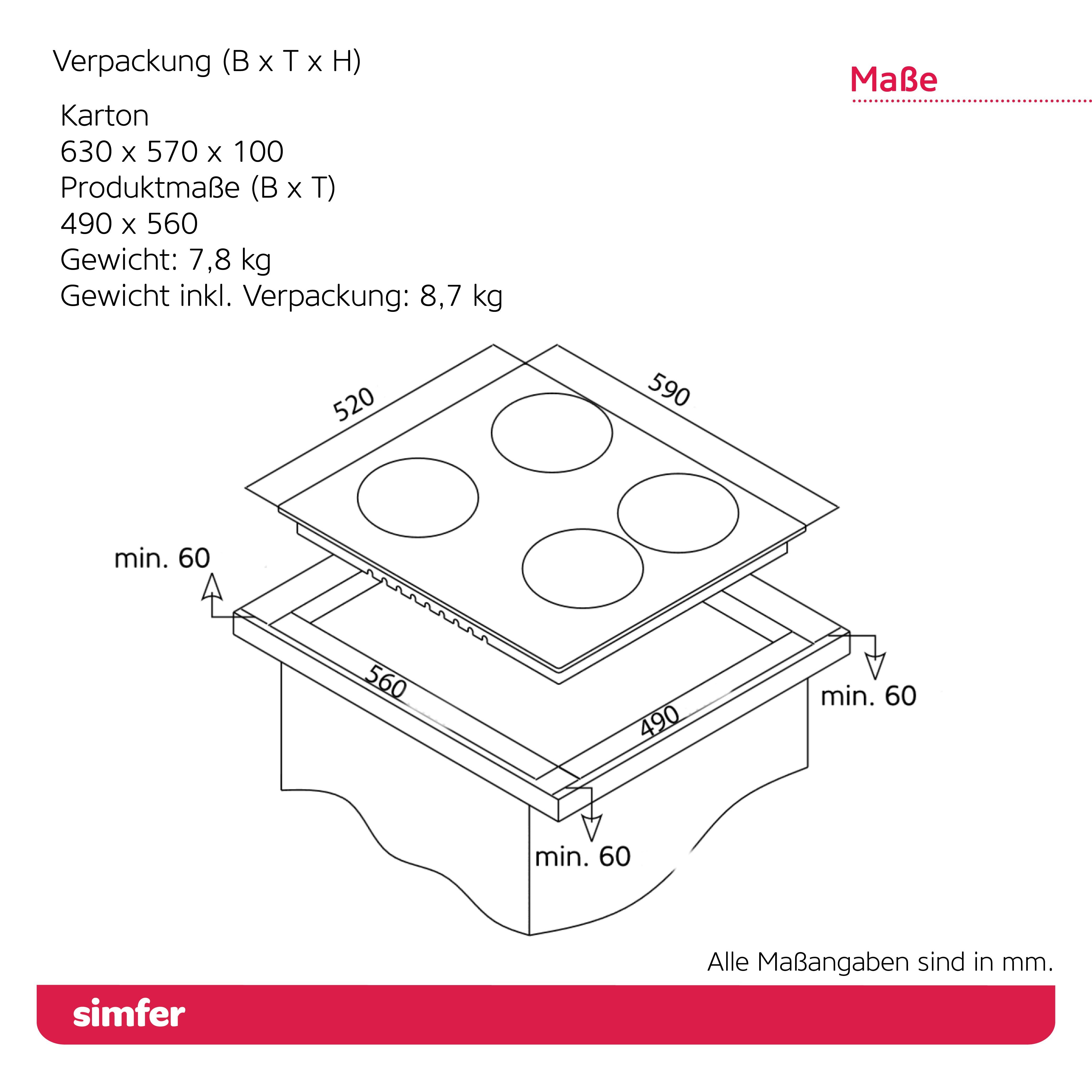Simfer Elektro-Herd-Set SMF-CS 3024 Einbau Herd-Set, 60 cm, 66 Liter, mit Teleskopauszug nachrüstbar, SteamClean, Glaskeramik-Kochfeld, 4 Funktionen, Grillfunktion, Seitengitter