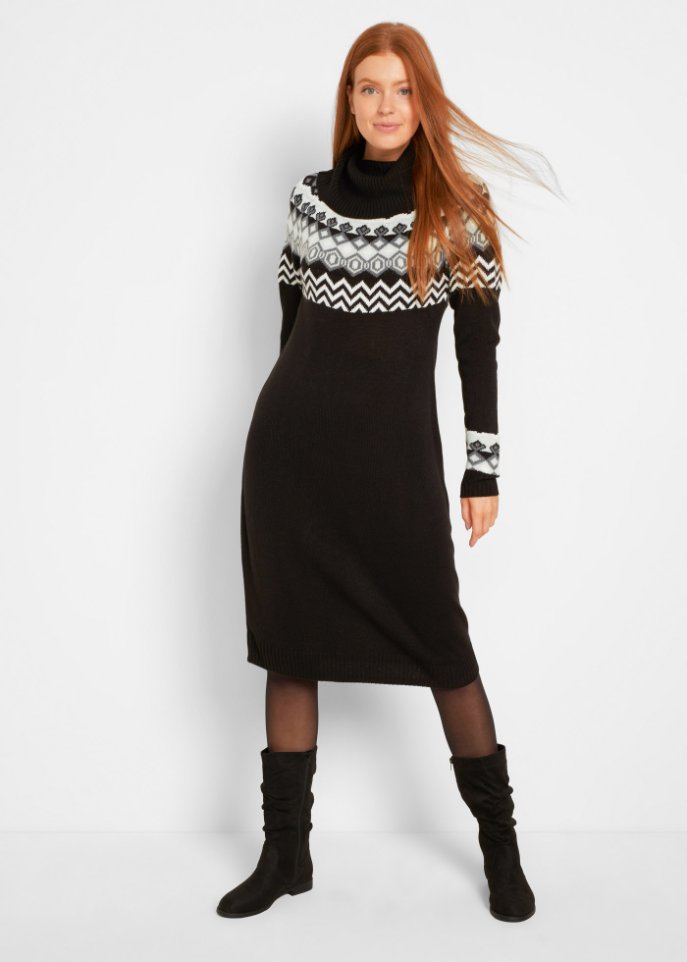 Strickkleid mit Norwegermuster und weitem Rollkragen, kniebedeckend