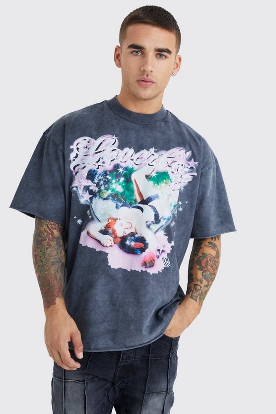 Oversize T-Shirt mit rohem Saum und Print