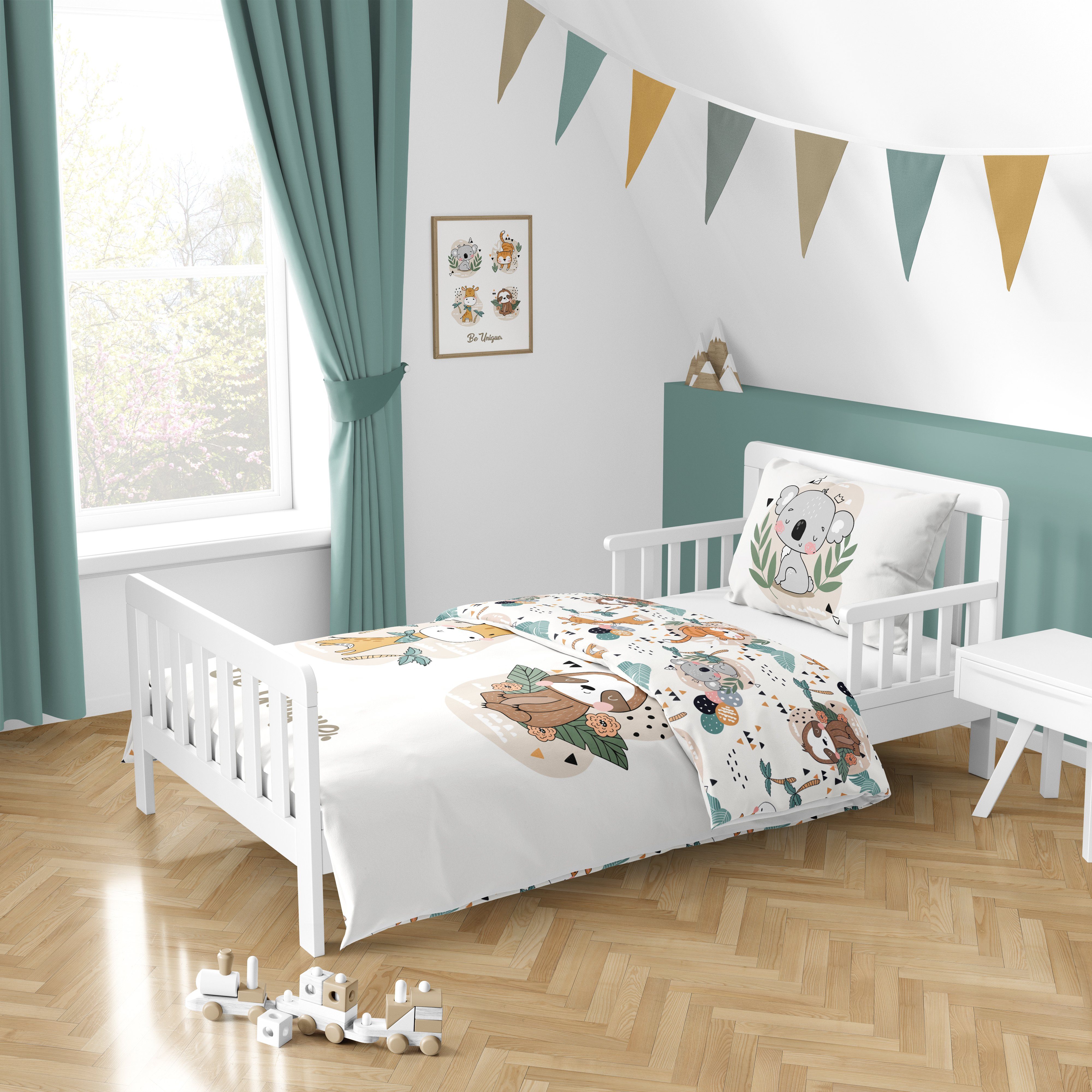 Babybettwäsche Tiere Koala Tiger Giraffe Faultier 100x135 + 40x60 cm, 100 % Baumwolle, MTOnlinehandel, Renforcé, 2 teilig, süße Kleinkinderbettwäsche mit Reißverschluss