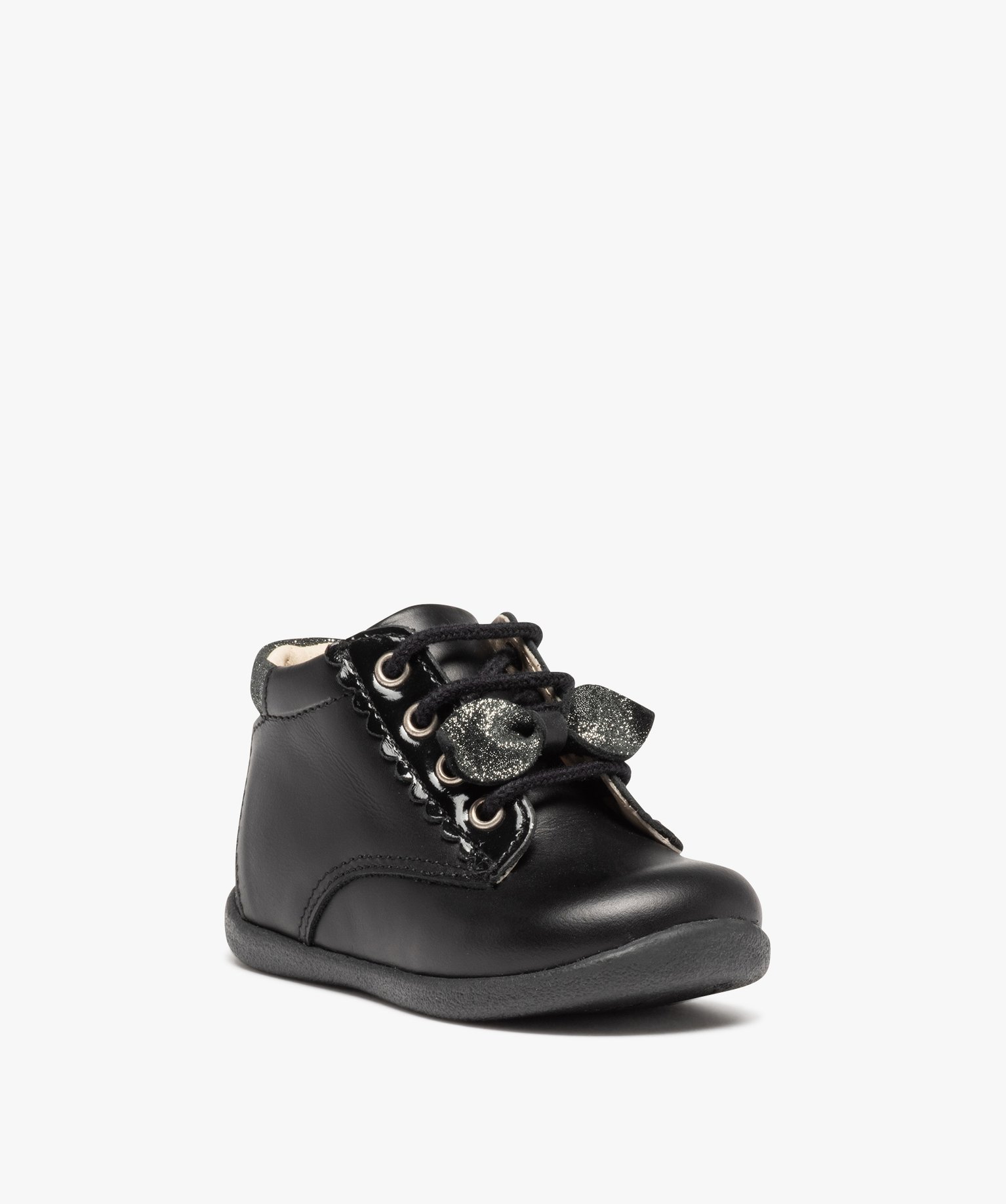 Bottillons premiers pas bébé fille à lacets dessus cuir noir | GEMO