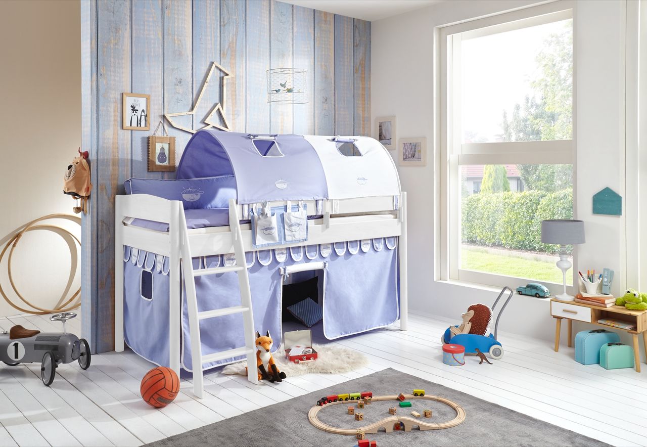 Relita Halbhohes Bett MICHELLE 90x200 cm Buche massiv weiß lackiert, mit Textilset Vorhang, 2-Tunnel, Tasche blau/boy