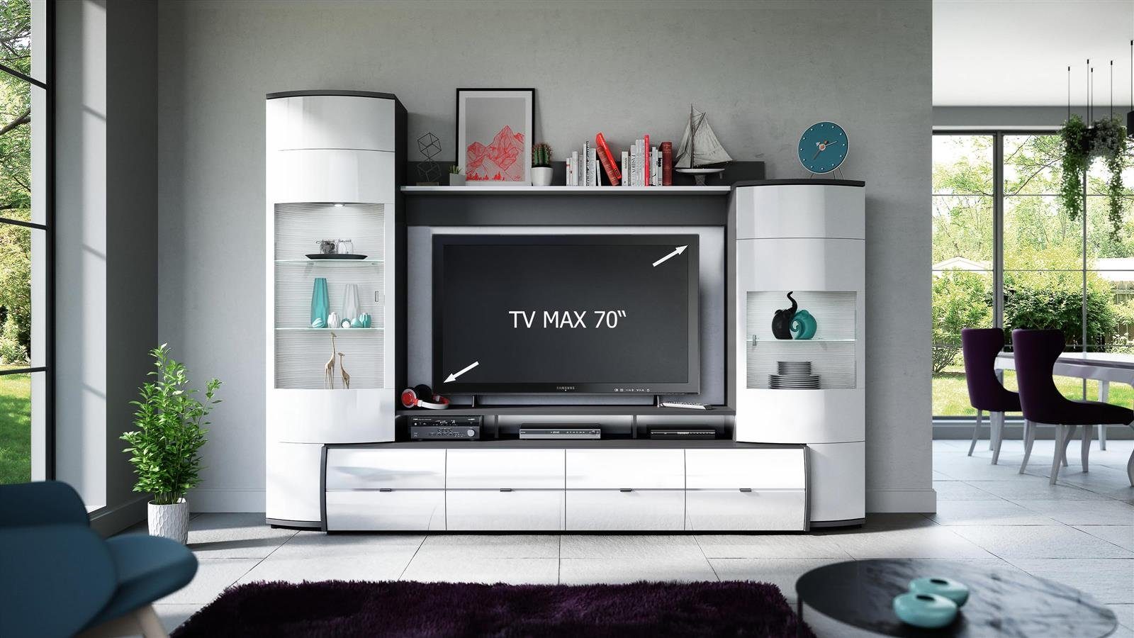 möbelando Wohnwand Gate, Moderne Wohnwand, Front aus MDF in Weiß Hochglanz, Korpus aus melaminharzbeschichteter Spanplatte in Anthrazit, bestehend aus 1 TV-Lowboard, 1 Wandboard und 2 Vitrinen, mit insgesamt 2 Türen, 7 Schubladen und 9 Einlegeböden,
