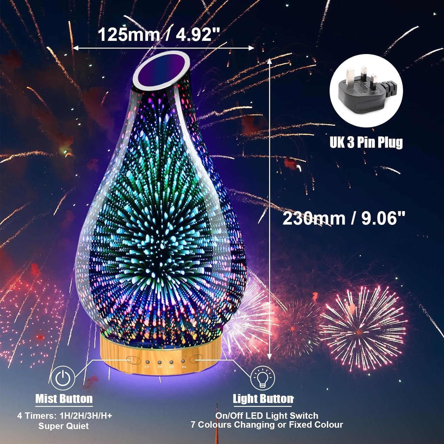 megadot Diffuser Aroma Diffuser, Handblown 3D Ultraschall Leise Luftbefeuchter, 7 farbwechselnde LEDs Raumbefeuchter BPA Frei mit Timer