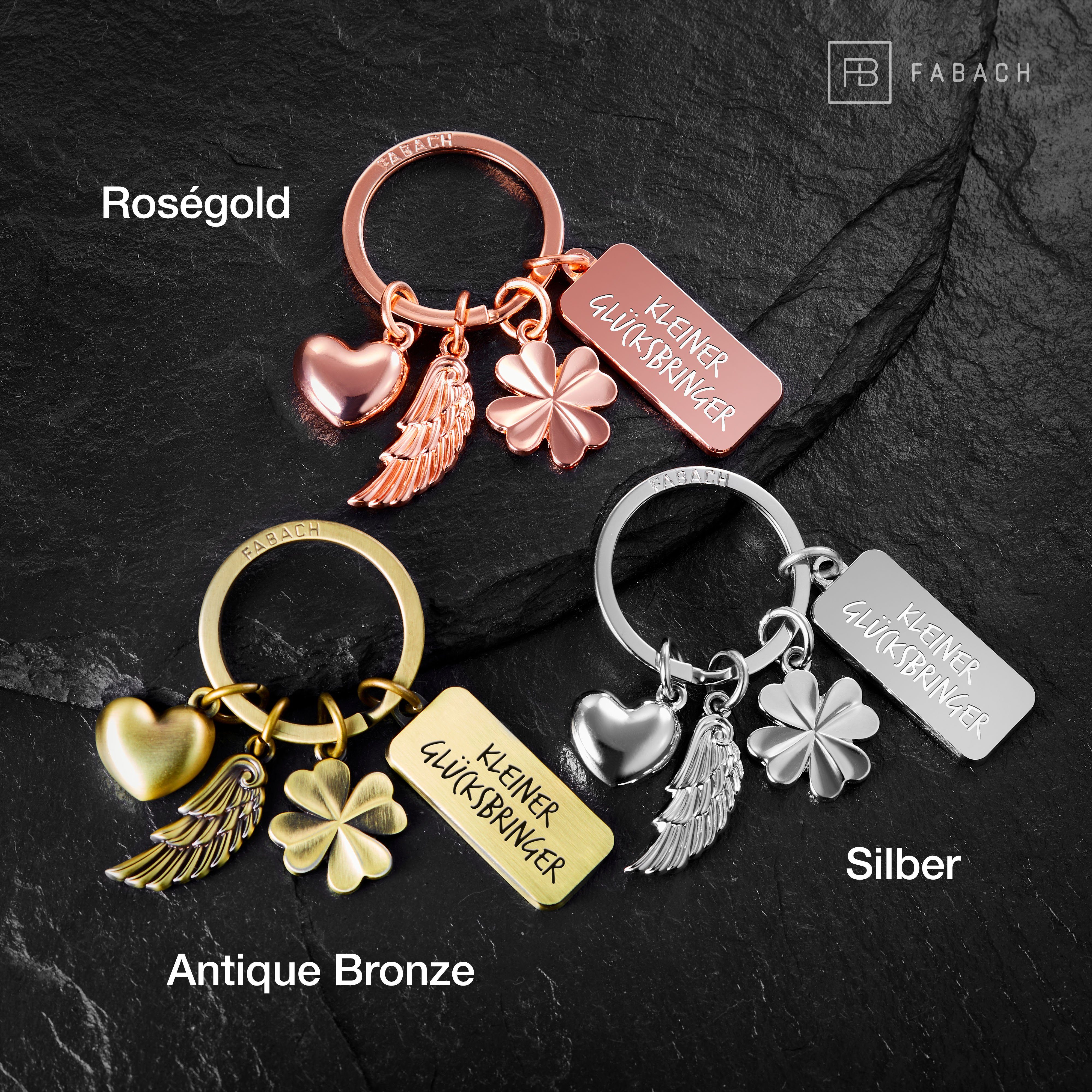 FABACH Schlüsselanhänger 3 Charms mit Gravur - Kleiner Glücksbringer - Schutzengel Geschenk