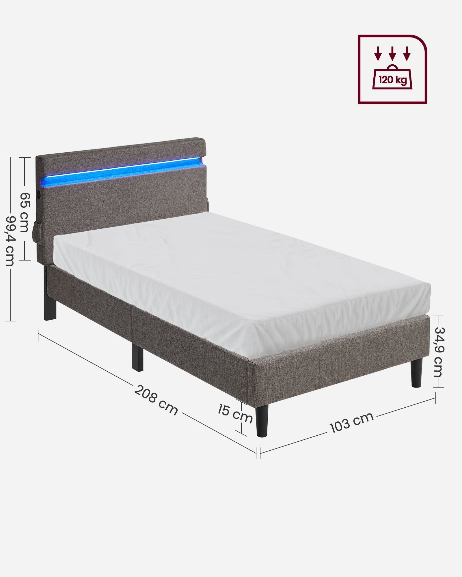 VASAGLE Polsterbett, Bettgestell, 25 Farben und 10 Blinkmustern, USB- und TYPE-C Anschluss