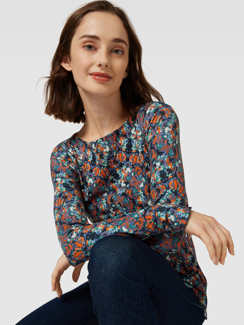 Longsleeve mit Wellensaum und Allover-Muster in marineblau