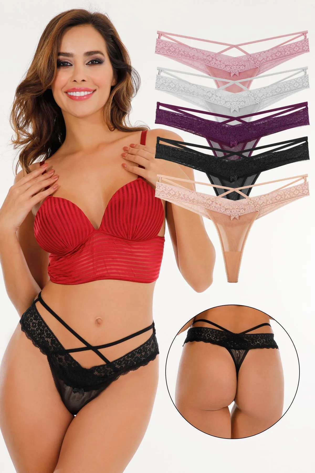 Sensu  Damen-Tanga mit Schmetterlingsmuster, Spitzen-String, 5er-Set, Kts2070 (breiter Stil)
