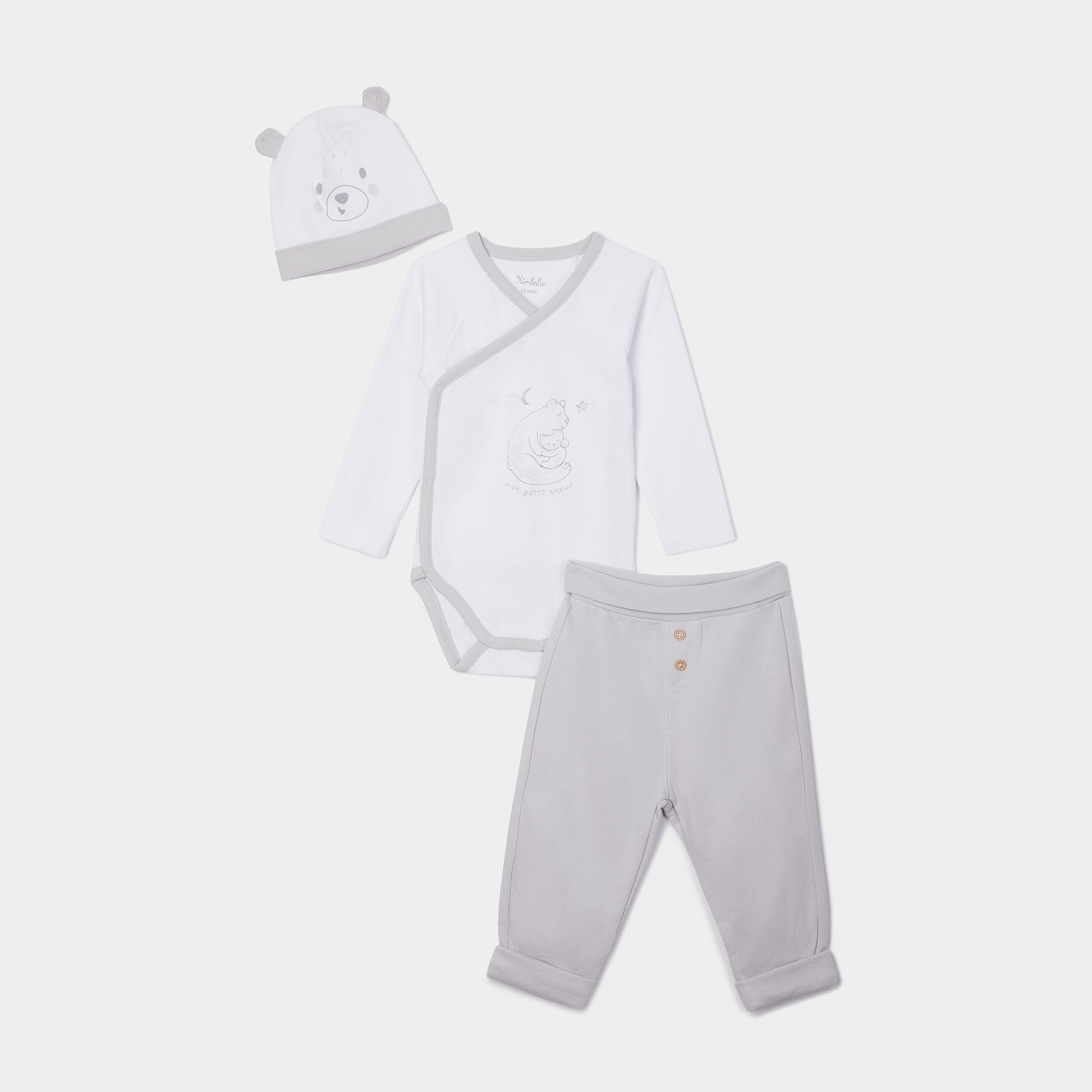 Ensemble 3 pièces en coton gris clair bébé garçon | La Halle