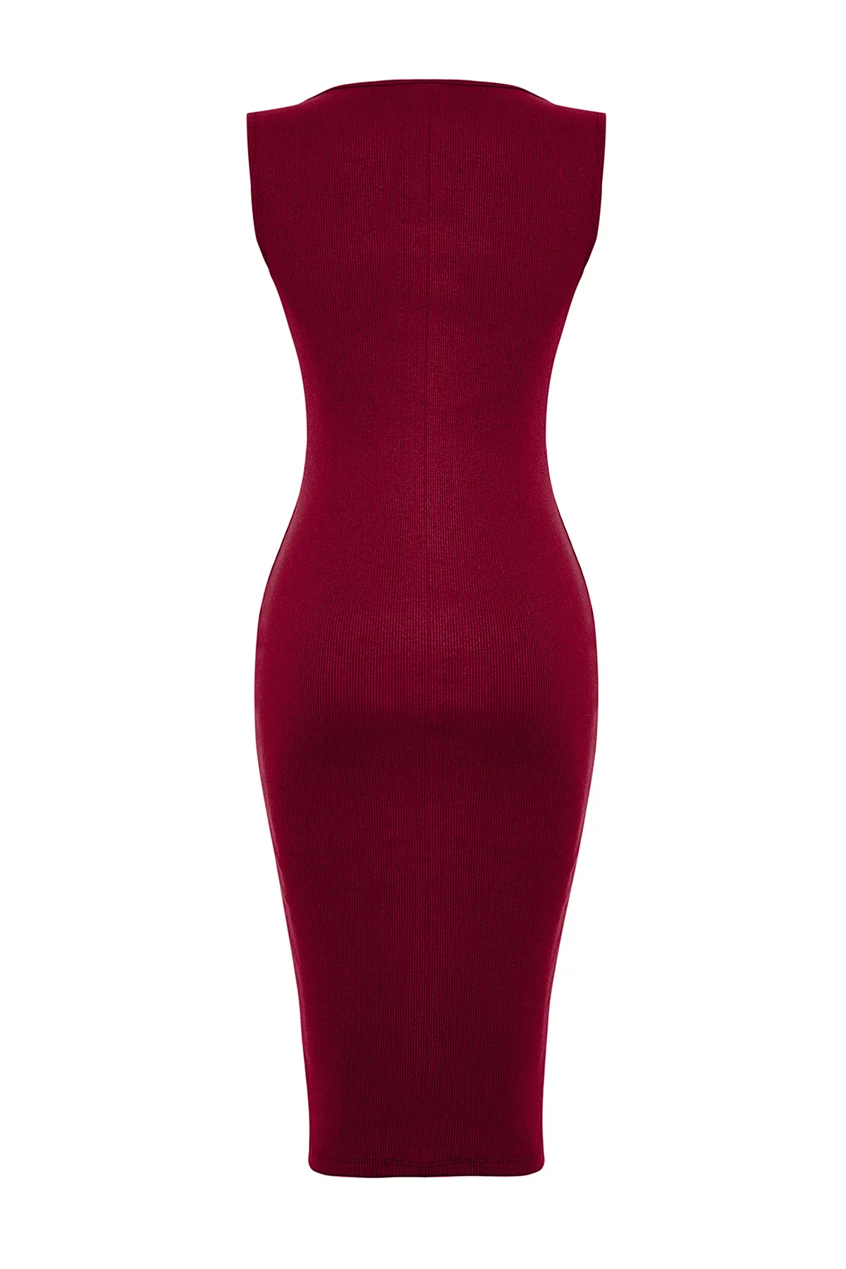 Trendyol Collection  Weinrotes Midi-Bleistiftkleid aus geripptem Stretch-Strick mit Poolkragen TWOSS24EL00488