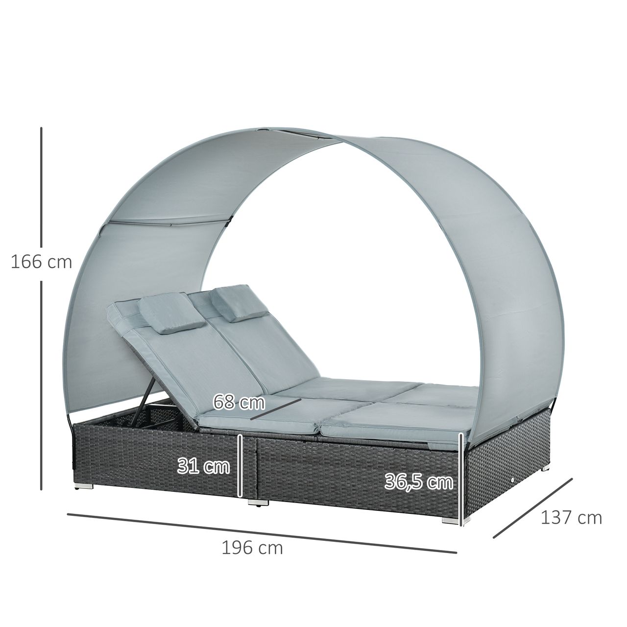 Outsunny Poly Rattan Doppelliege Sonnenliege für 2 Personen mit Sonnendach Gartenliege Stahl Polyester Grau 196 x 137 x 36,5 cm