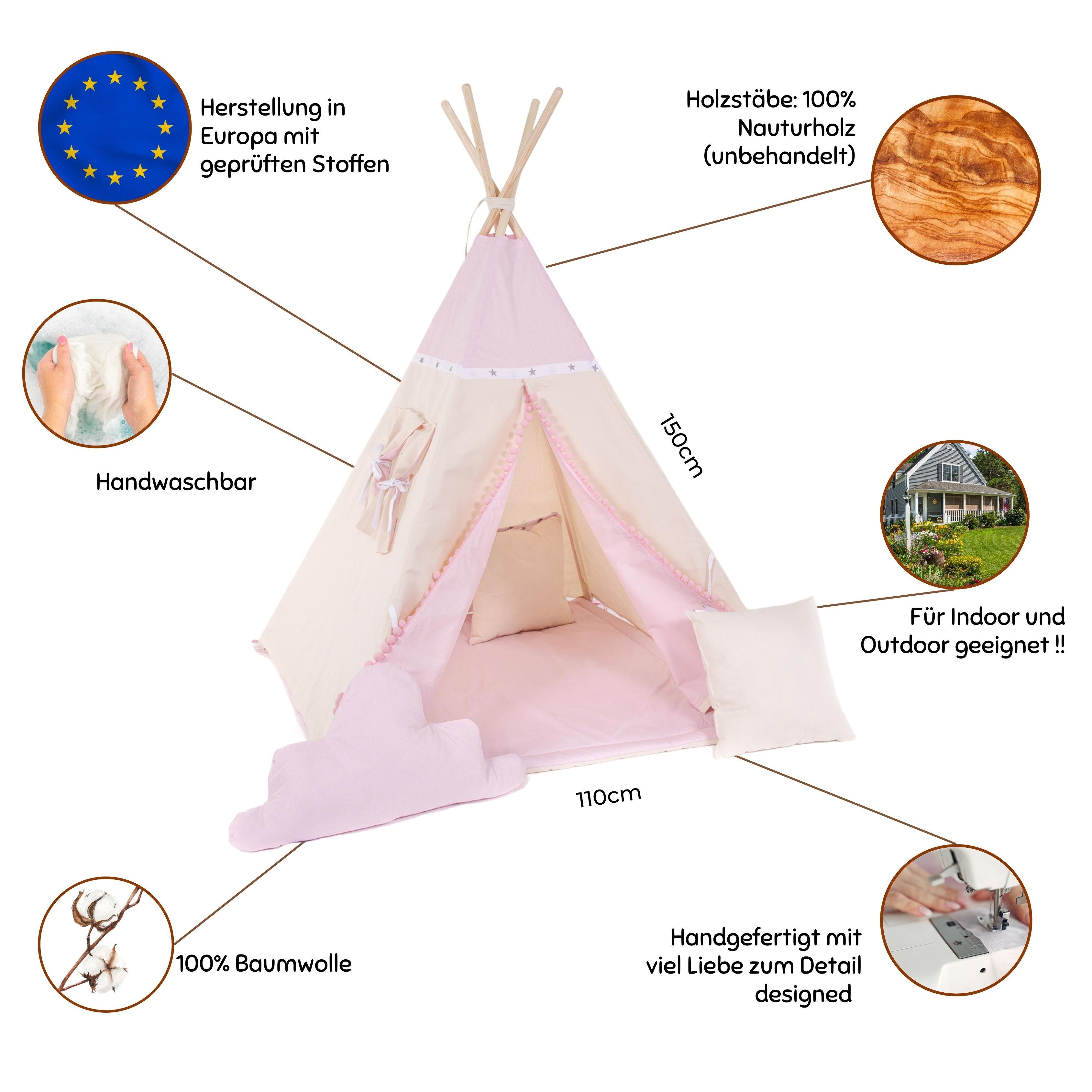 Rainbow Kids Tipi-Zelt Kleine Königin, Personen: 2 (mit kleinem Zubehör, 4 tlg., mit 2 Kissen und Matte)