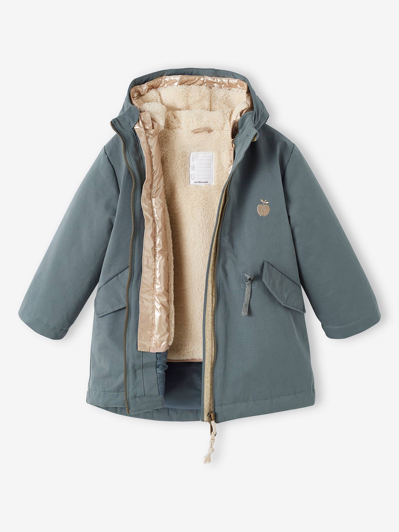 Parka à capuche 3 en 1 fille avec doudoune brillante doublée sherpa camel