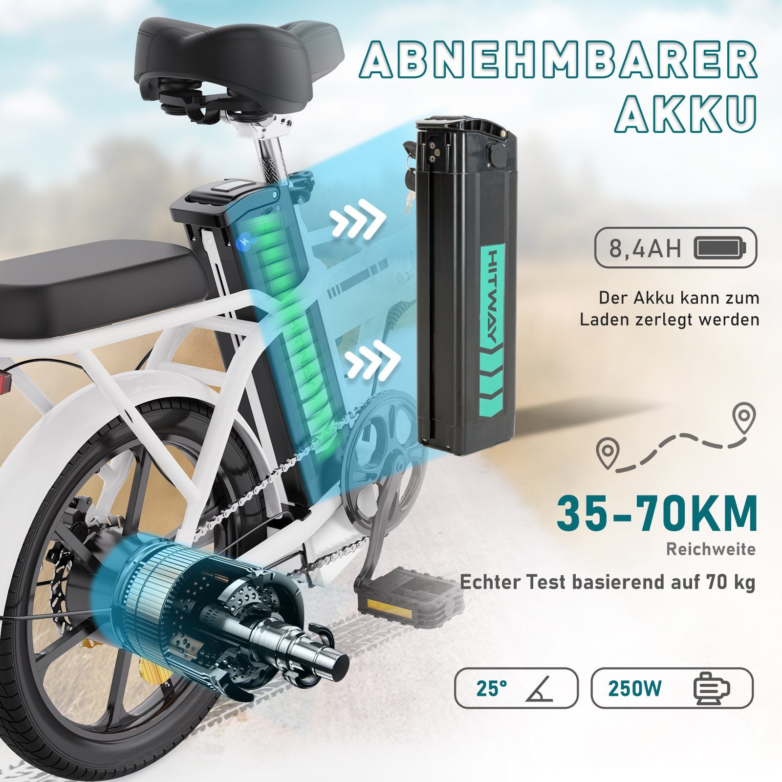 HITWAY E-Bike 36V/8,4Ah Batterie,250W Motor,25km/h,bis 35-70km,16
