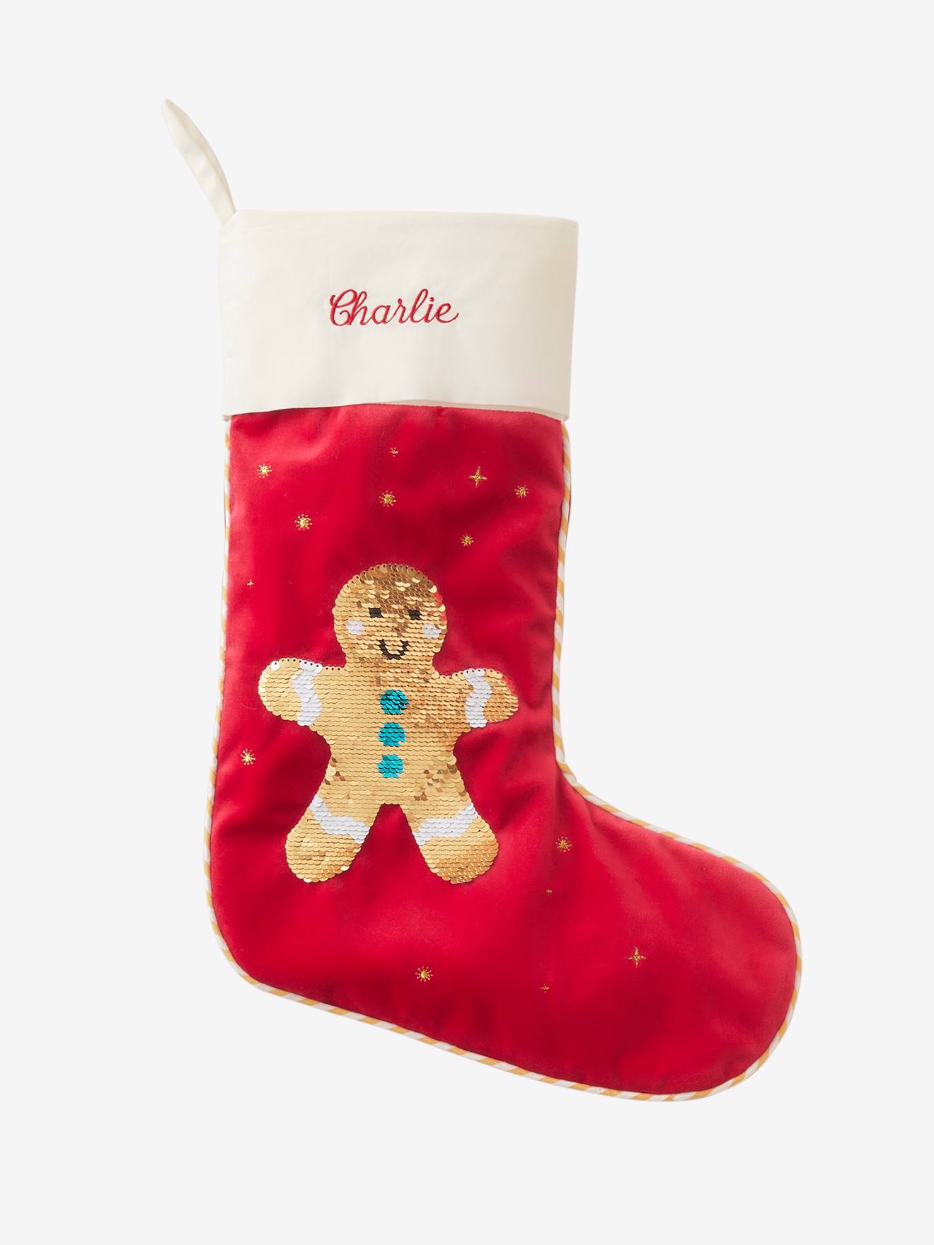 Vertbaudet Kinder Weihnachtsstrumpf mit Wendepailletten MR. BISCUIT, personalisierbar - rot