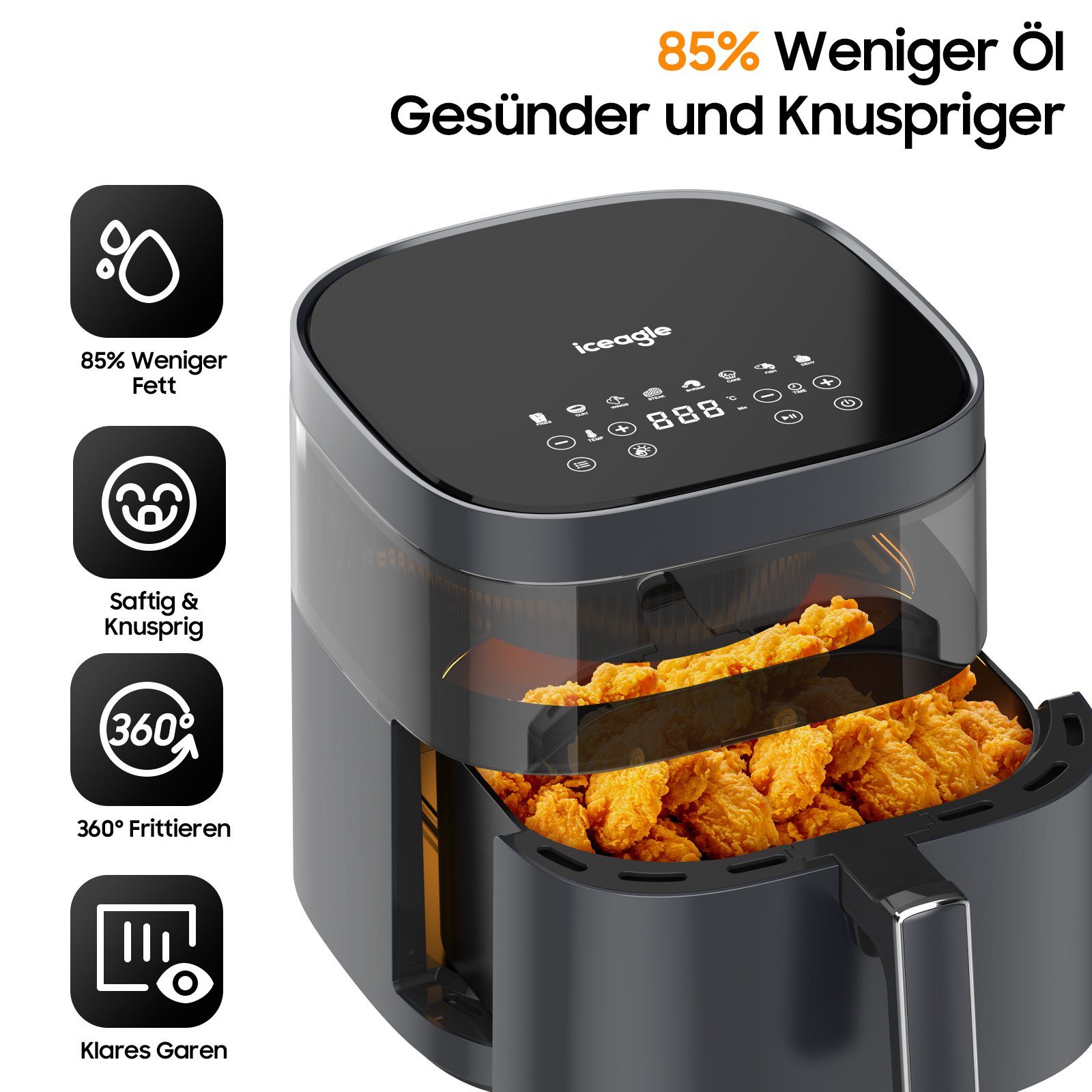 iceagle Heißluftfritteuse AirFryer KDF-615A 6.7L Heißluftfritteuse Luftfritteuse, 1700,00 W, Sichtbares Sichtfenster, 8 Voreingestellte Funktionen, Digitalem LED-Touchscreen, Einstellbare Temperaturregelung, Grau
