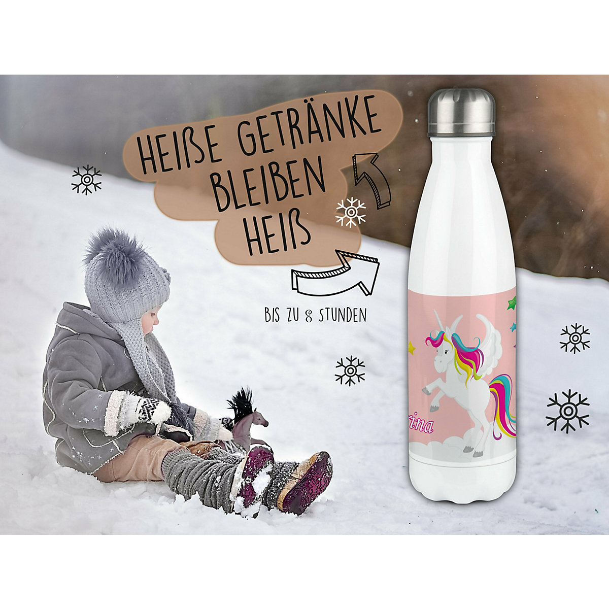 Edelstahl Kinder Thermoflasche / Trinkflasche bunt Pegasus Farbe rosa Spülmaschinenfest, Auslaufsicher, Bruchfest, Doppelwandig, Für Heißgetränke geeignet, Mit Deckel, Isoliert