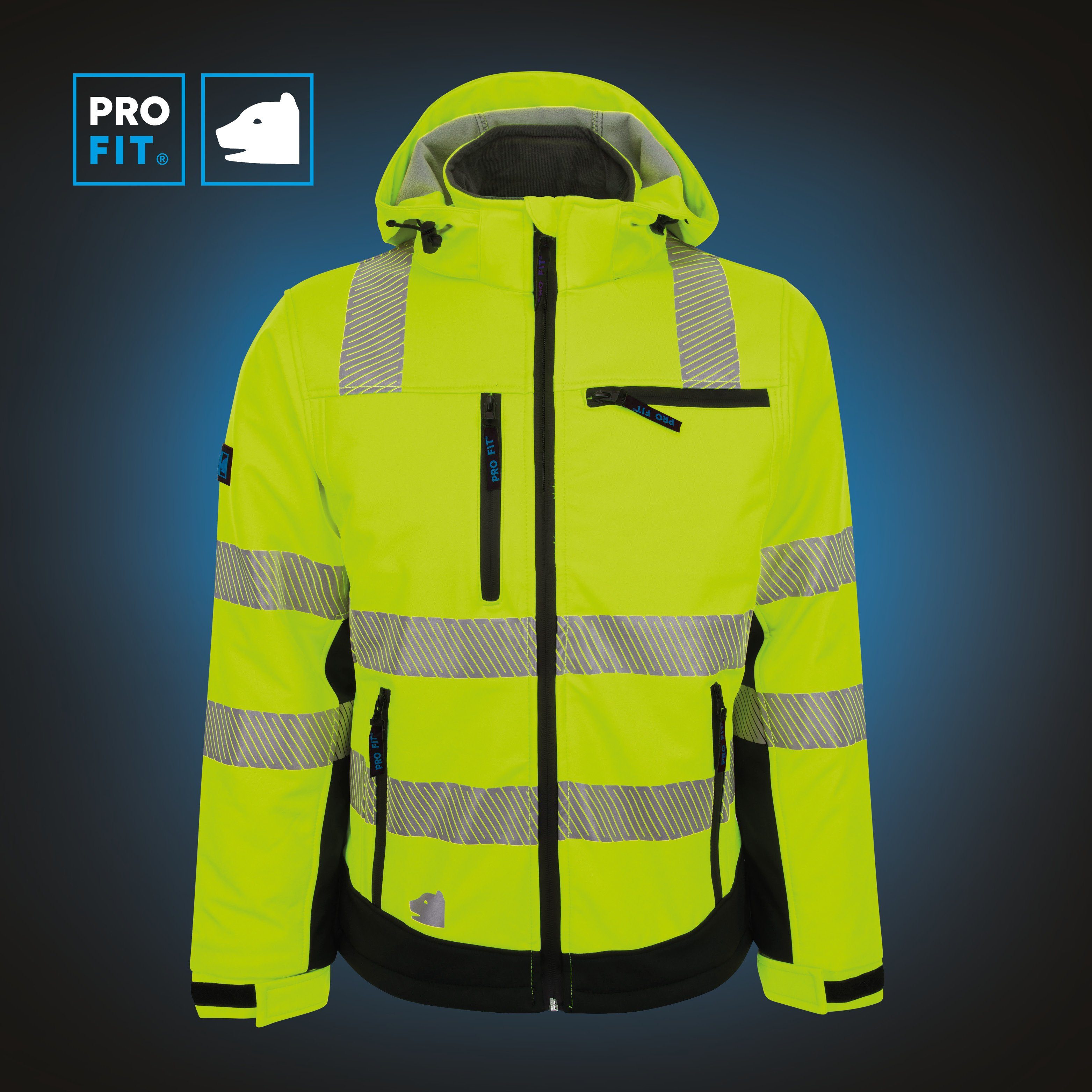 PRO FIT by Fitzner Arbeitsjacke Winter Warnschutz-Softshelljacke Neongelb/Schwarz (1-St) Wind- & Wasserabweisend, Reflektionsstreifen, Steppfutter, Atmungsaktiv
