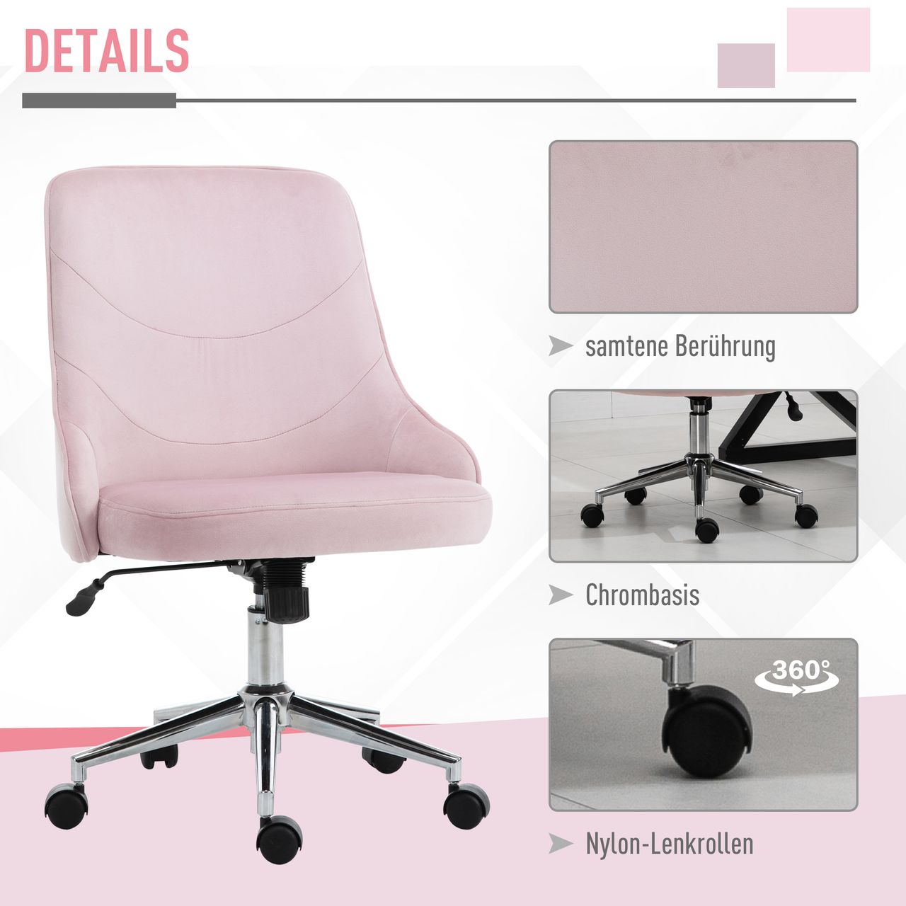 Vinsetto Bürostuhl Schreibtischstuhl Computerstuhl Drehstuhl SOHO-Stil Arbeitstuhl mit Wippenfunktion höhenverstellbar Samt Rosa 57 x 61 x 86-96 cm
