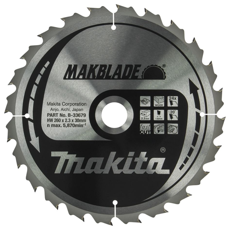 Makita-lisävarusteet B-33679 pöytäsahanterä Makblade Wood ATB 260 x 30 x 2,3 mm T24