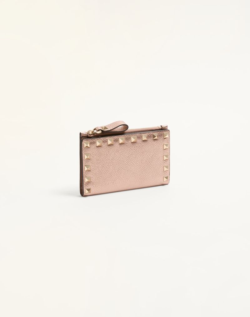 Rockstud kortholder med lynlås i lamineret, kornet kalveskind
