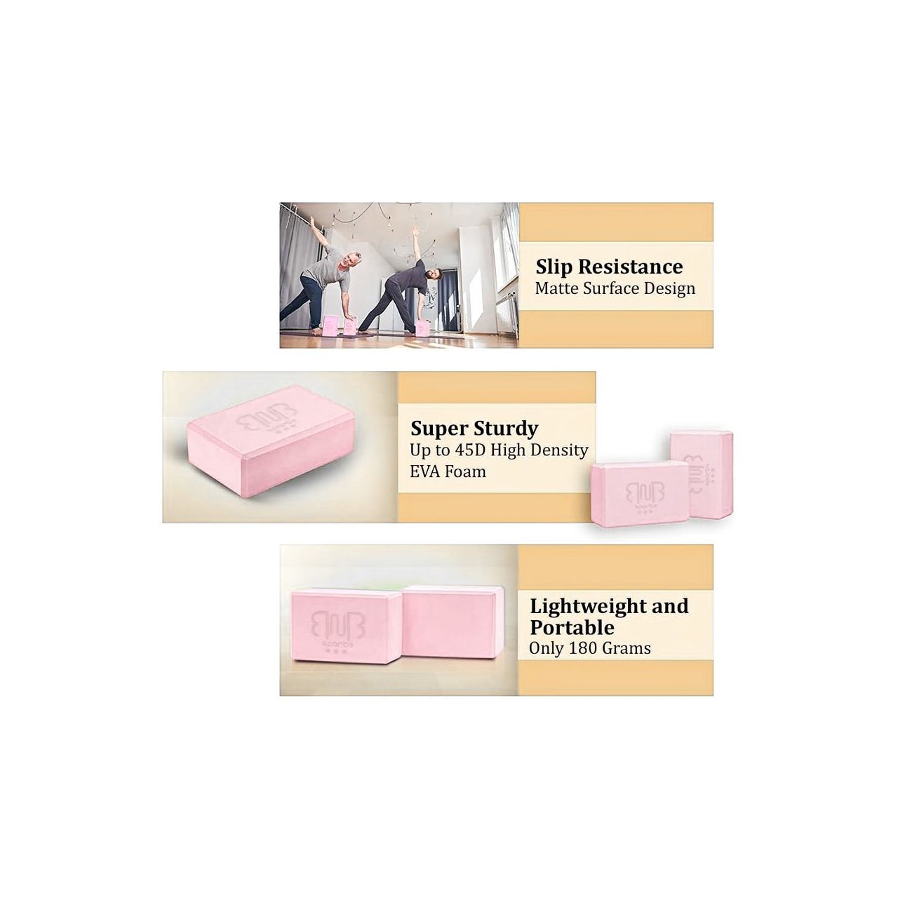 BnB Sports 2er Pack Premium Yoga Blöcke Stabile Sportmatte, rutschfest, rosa