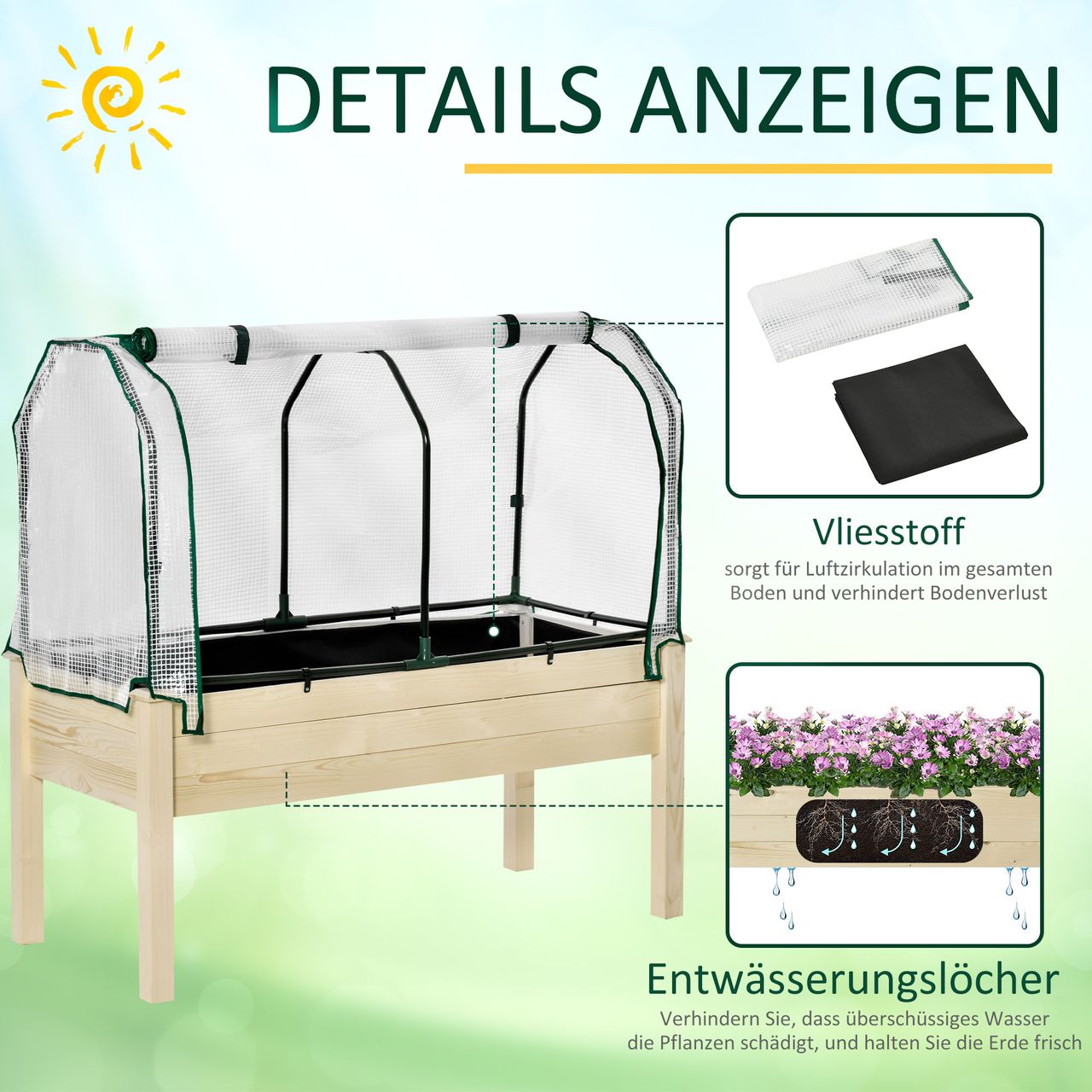 Outsunny Hochbeet Frühbeet mit Gewächshaus, Gemüsebeet mit Stoffauskleidung