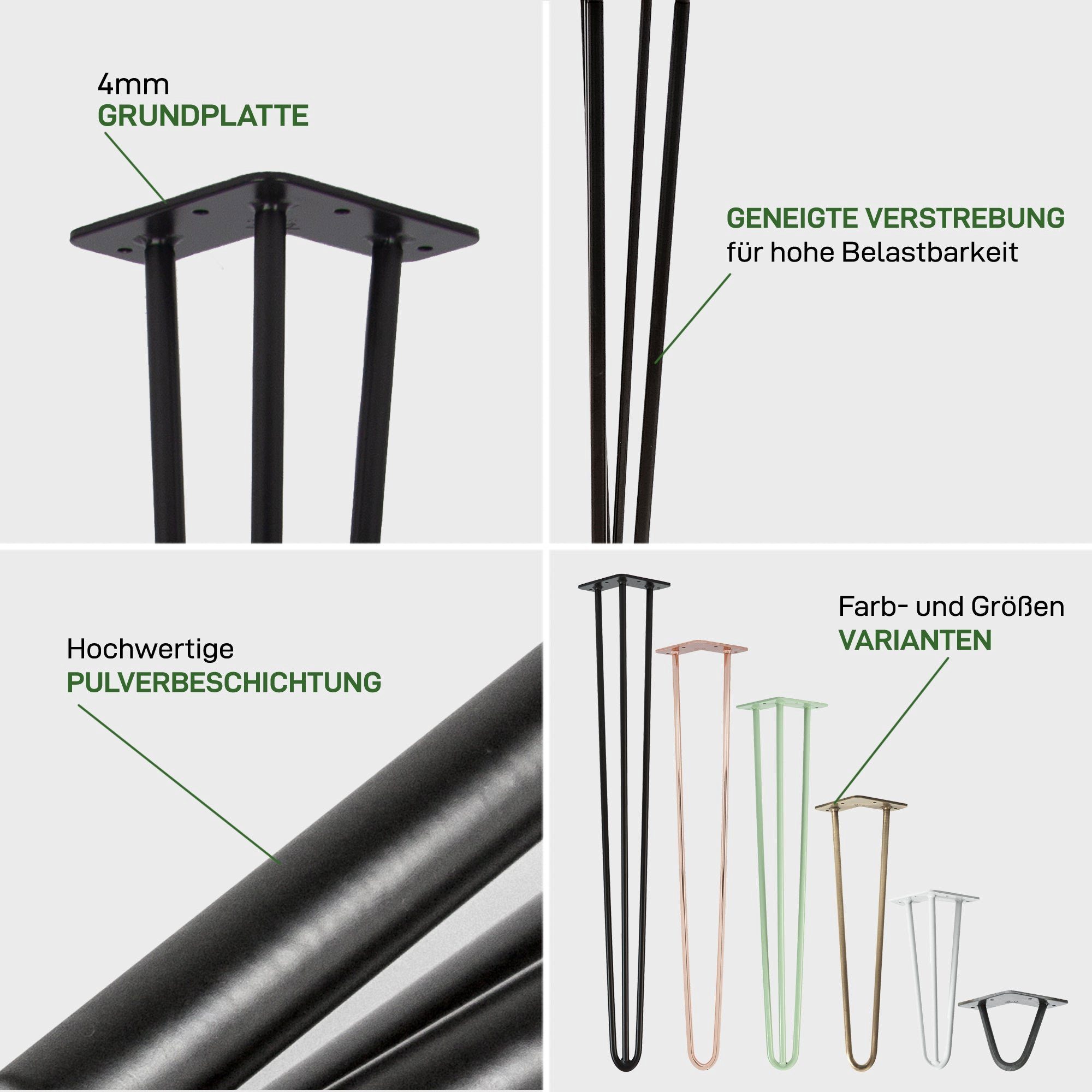 Natural Goods Berlin Tischbein 4er Set HAIRPIN Legs, Haarnadelbeine, Möbelfüße, 10cm - 2 Streben - Möbelfüße, Weiß