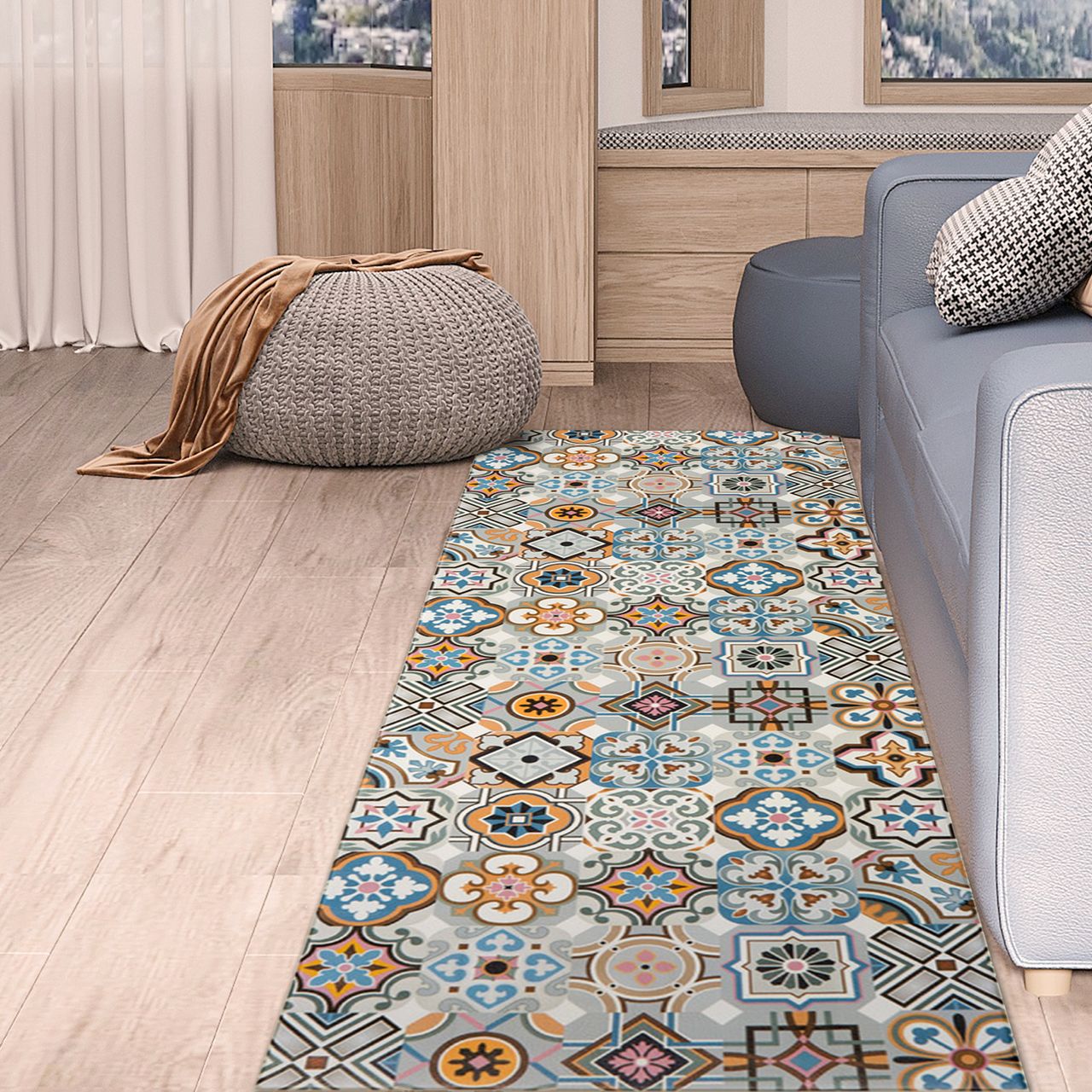 HOMCOM Küchenläufer Muster Blau-Grau 50 x 150 cm