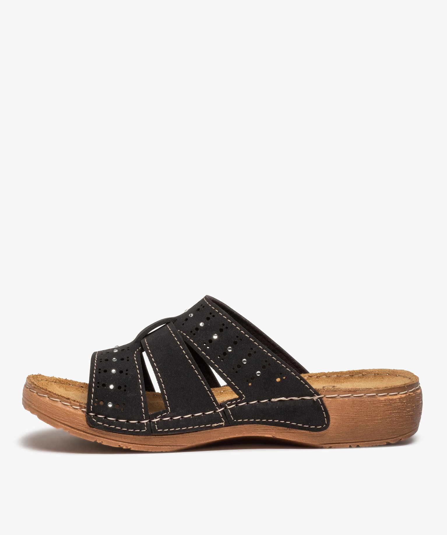 Mules confort femme légères à brides ajourées et strass noir | GEMO