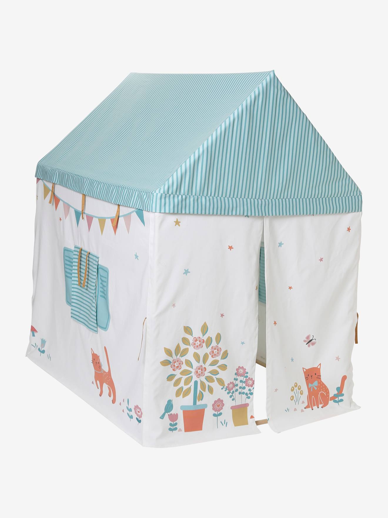 Vertbaudet Kinder Spielzelt, Spielhaus aus Baumwollstoff/Holzstangen - blau/mehrfarbig bedruckt