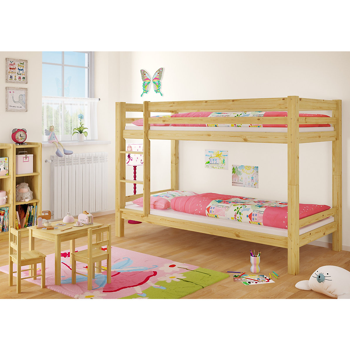 Kinderetagenbett 90x200 Kiefer in Natur + 2 Rollrost