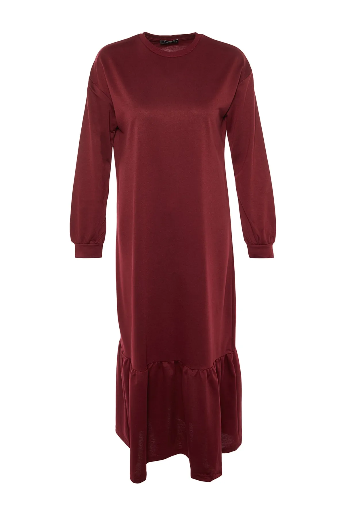 Trendyol Modest  Weinrotes Strickkleid mit Rundhalsausschnitt und Raffung TCTSS22EL00000