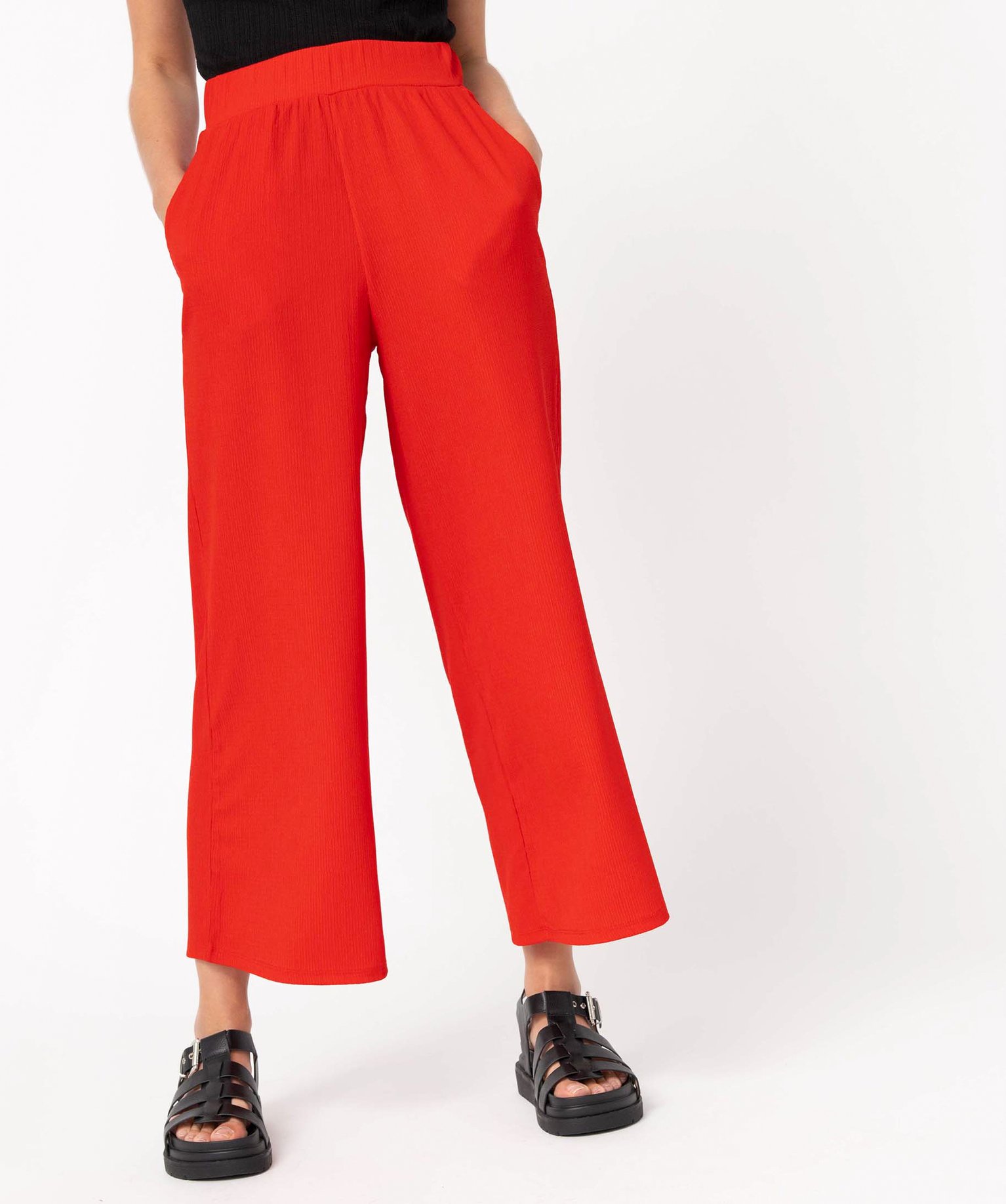Pantacourt femme ample en maille texturée extensible rouge | GEMO