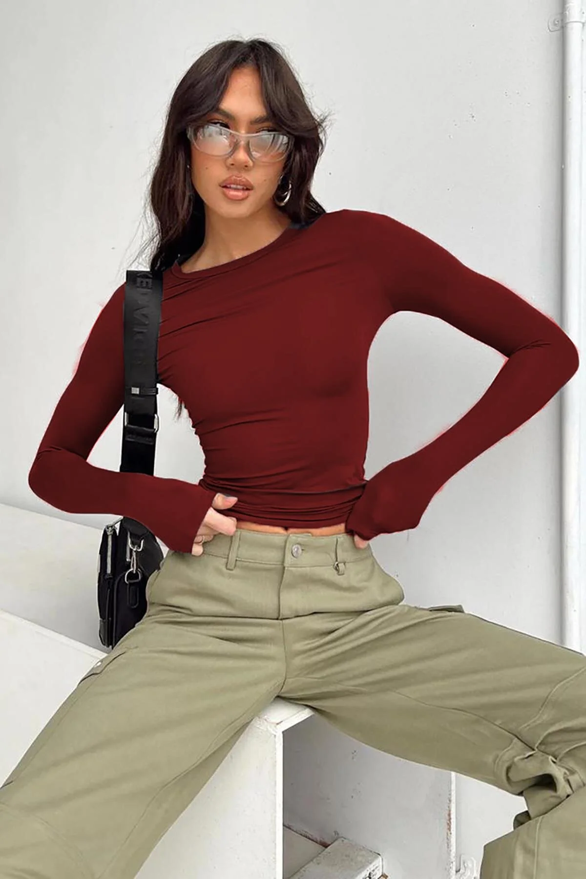 Madmext  Weinroter Basic-Langarm-Body mit Rundhalsausschnitt MG1701