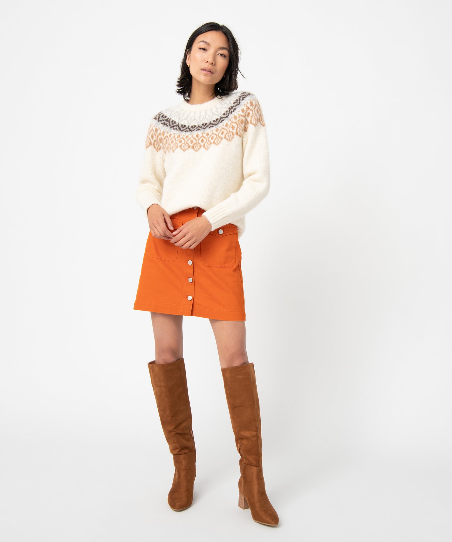 Pull femme jacquard avec col rond ecru | GEMO