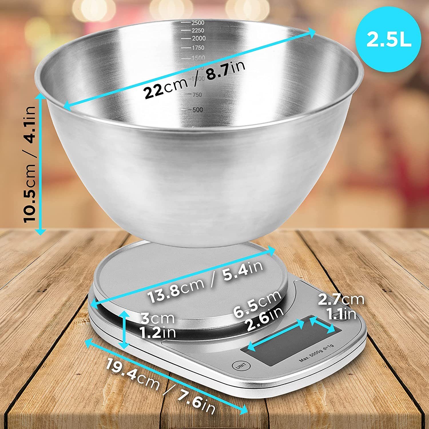 Duronic Küchenwaage, KS5000 SR/SS Küchenwaage, 5 kg Digitalwaage oval mit 2,5 L Schüssel