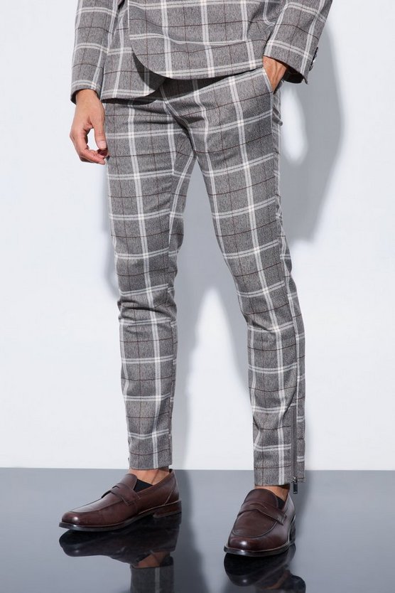 Karierte Herringbone Hose mit Reißverschluss